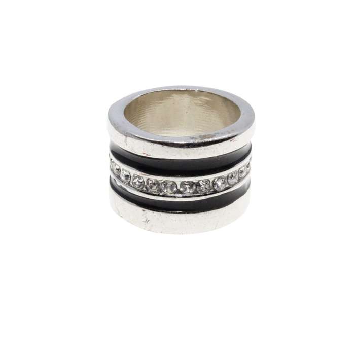 Ring - Silver Tone Chunky Wide Band with Black Enamel & Clear Diamantes - ML3152