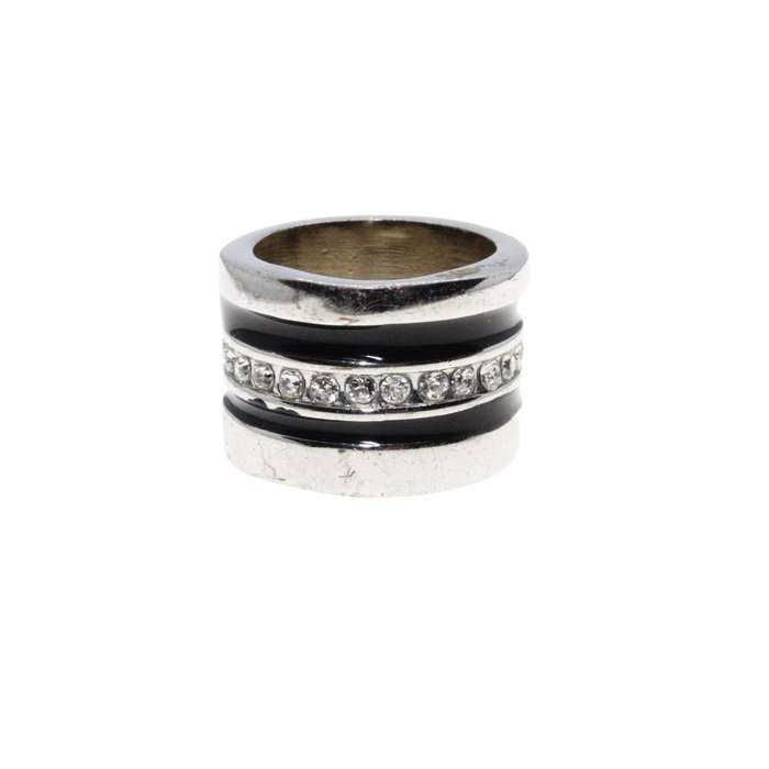 Ring - Silver Tone Chunky Wide Band with Black Enamel & Clear Diamantes - ML3152