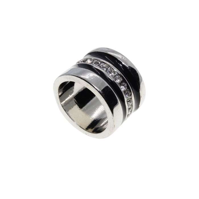 Ring - Silver Tone Chunky Wide Band with Black Enamel & Clear Diamantes - ML3152