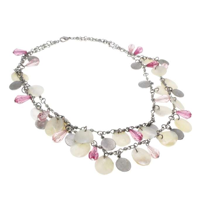 Necklace - Silver Tone Vintage Double Strand Choker with Pink Bead, Mother of Pearl Disks - ML3156