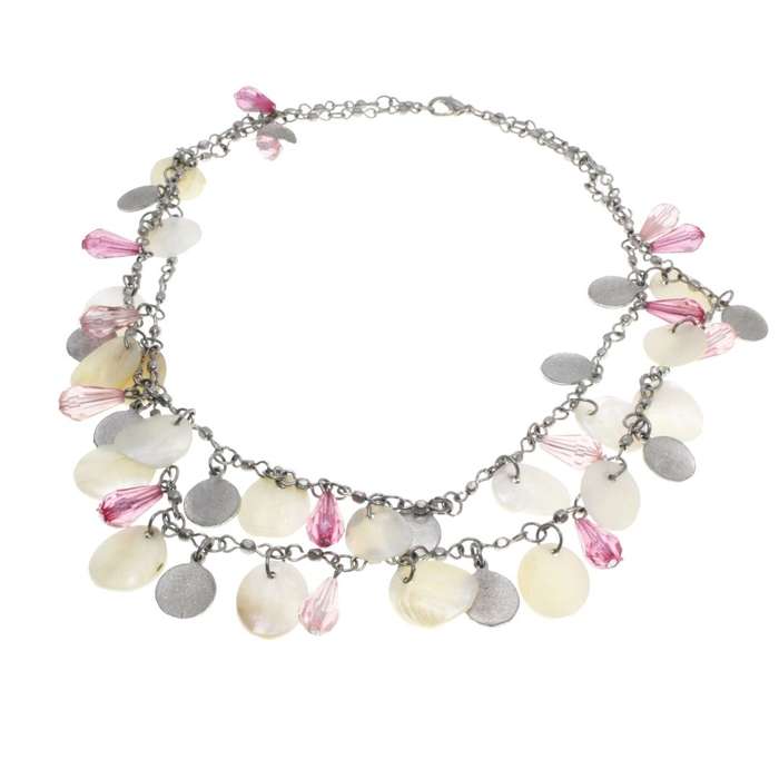 Necklace - Silver Tone Vintage Double Strand Choker with Pink Bead, Mother of Pearl Disks - ML3156