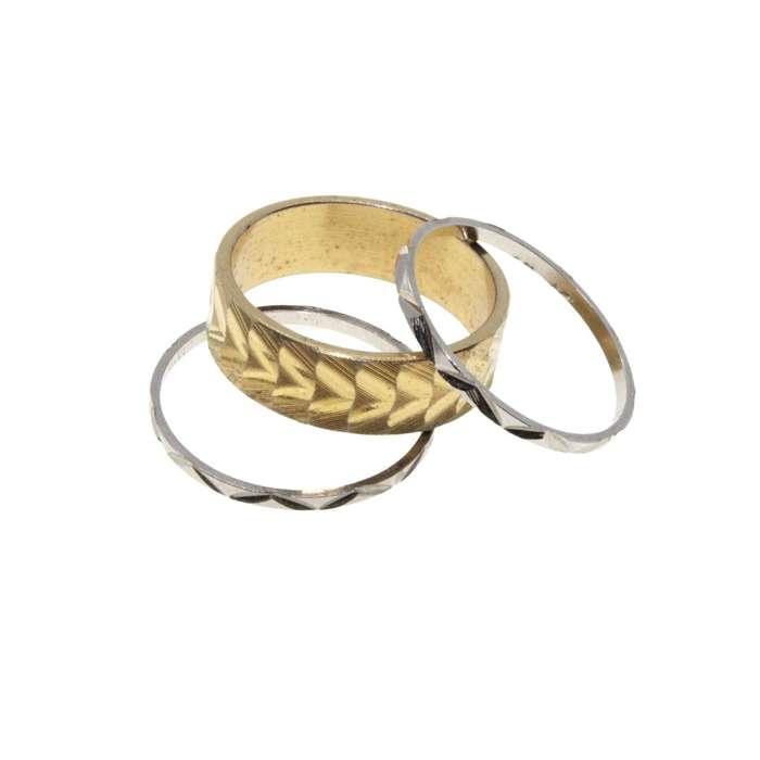 Ring - Gold Tone & Silver Tone Ring Set. 2x Dainty Textured Bands. 1 Wide Textured Band - ML3164