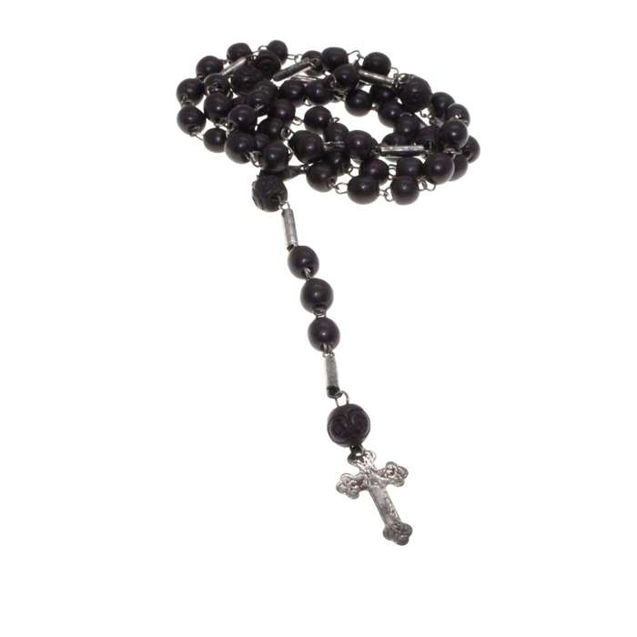 Necklace - Rosarie, Vintage Black Beads. Silver Tone Chain inbetween. Silver Tone Cross - ML3167