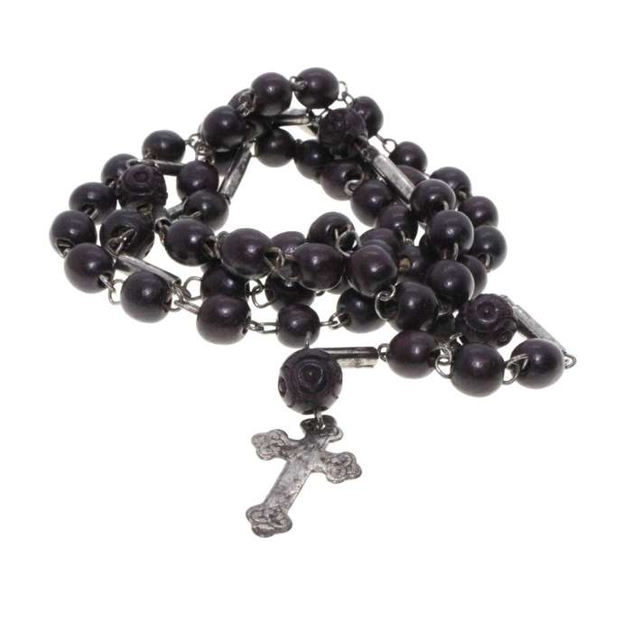 Necklace - Rosarie, Vintage Black Beads. Silver Tone Chain inbetween. Silver Tone Cross - ML3167