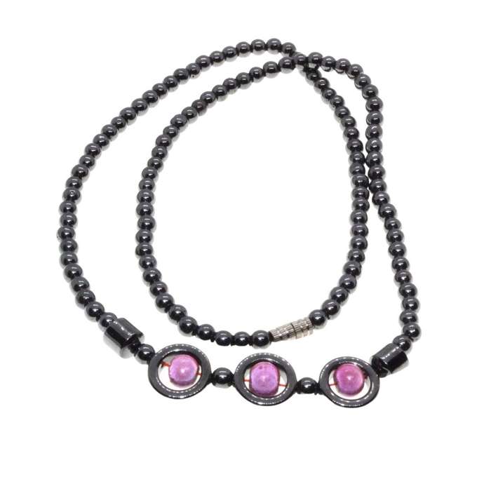 Necklace - Vintage Hematite. 3 Large Round Hematite Beads with pink Bead Centre - ML3169