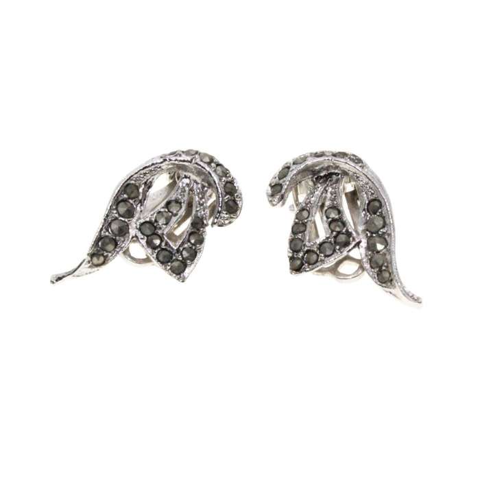Earrings - Silver Tone Vintage Antique Marcasite Clip On Earrings. Art Nouveau style - ML3178