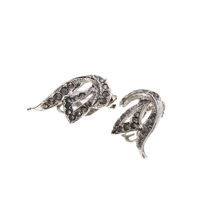 Earrings - Silver Tone Vintage Antique Marcasite Clip On Earrings. Art Nouveau style - ML3178