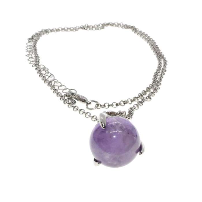 Necklace - Silver Tone Chain with Amethyst Ball with Silver Dragon Claw - ML3181