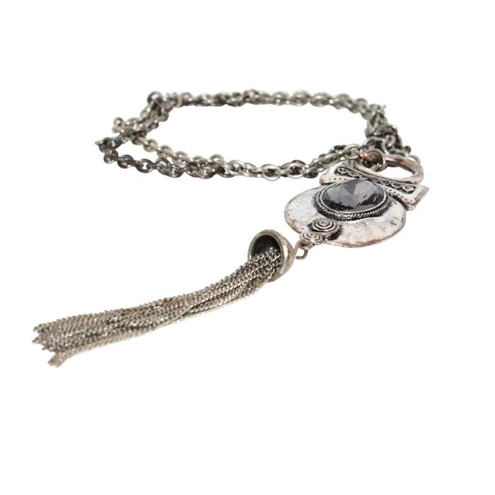 Necklace - Silver Tone Chain with Extravagant Pendant. Black Rhinestone. Slightly Tarnished - ML3209