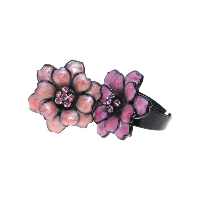 Ring - Black Metal Band x 2 with Pink Metal Flower with Centre Rhinestones. Resizable - ML3219