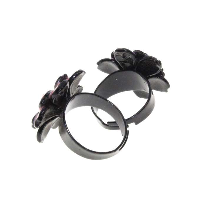 Ring - Black Metal Band x 2 with Pink Metal Flower with Centre Rhinestones. Resizable - ML3219