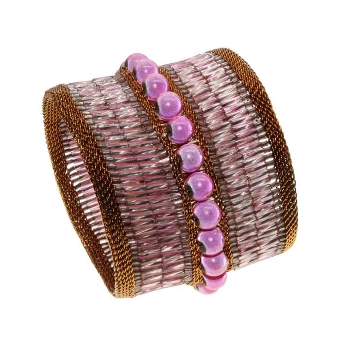 Bracelet - Copper Tone Borders Tubular pink beads Two rows copper Pink Sead Beads in Centre - ML3220
