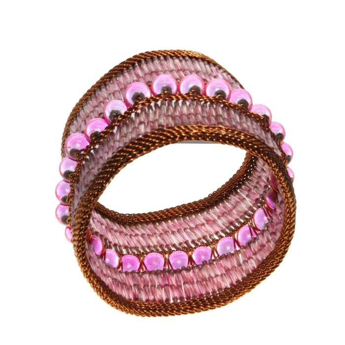 Bracelet - Copper Tone Borders Tubular pink beads Two rows copper Pink Sead Beads in Centre - ML3220