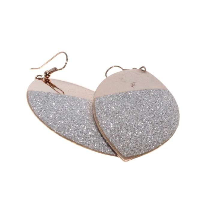 Earrings - Gold Tone Large Leaf Design. Covered with Silver Glitter. Slightly Tarnished - ML3229