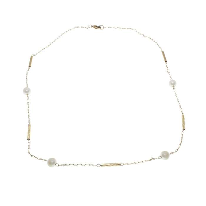 Necklace - Gold Tone Vintage Chain and Tubes inbetween Faux Pearls - ML3258