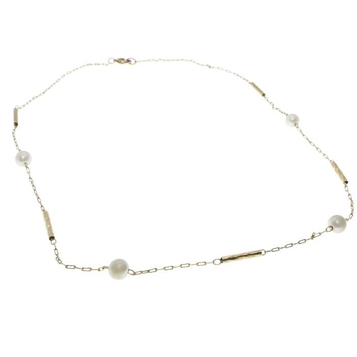 Necklace - Gold Tone Vintage Chain and Tubes inbetween Faux Pearls - ML3258
