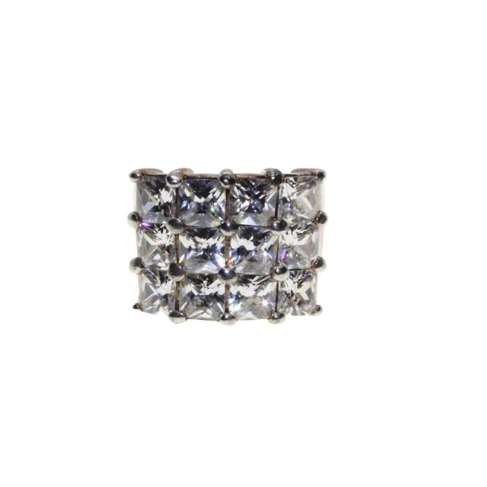 Ring - 925 Silver Chunky Wide Fashionable Band with 12 Diamante Centre Statement - ML3273