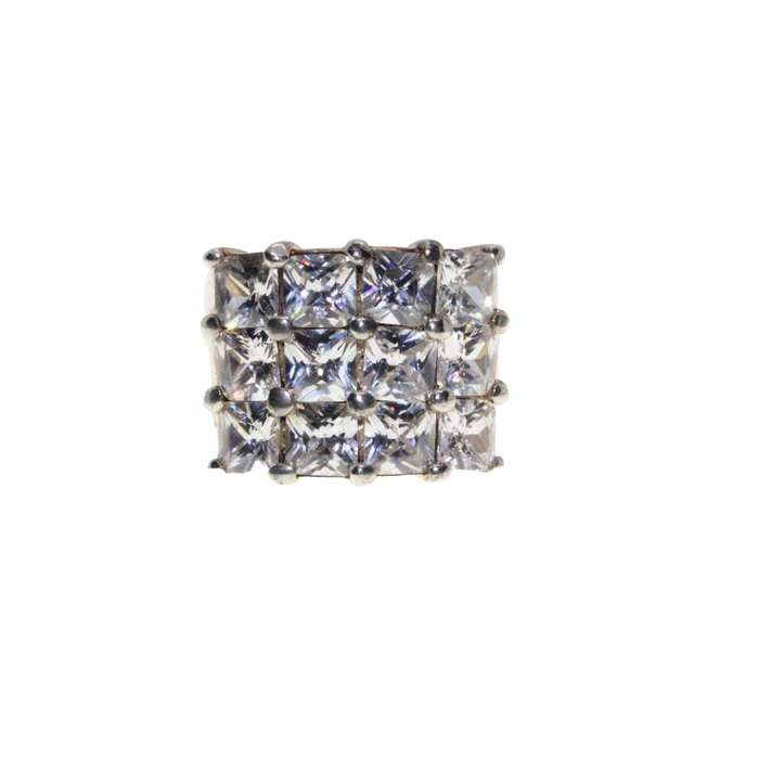 Ring - 925 Silver Chunky Wide Fashionable Band with 12 Diamante Centre Statement - ML3273