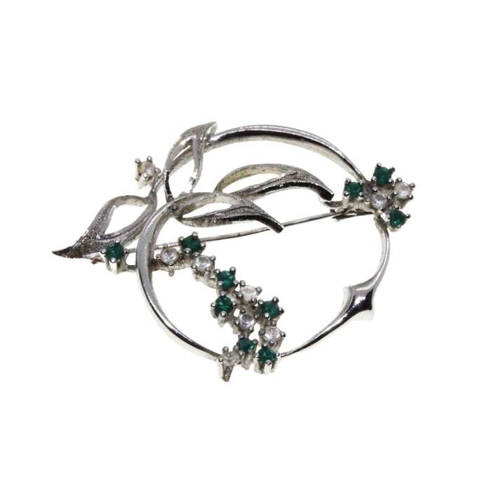 Brooch - Silver Tone Vintage Intricate Design. Apple with Leaves. Clear & Emerald Rhinestones - M...