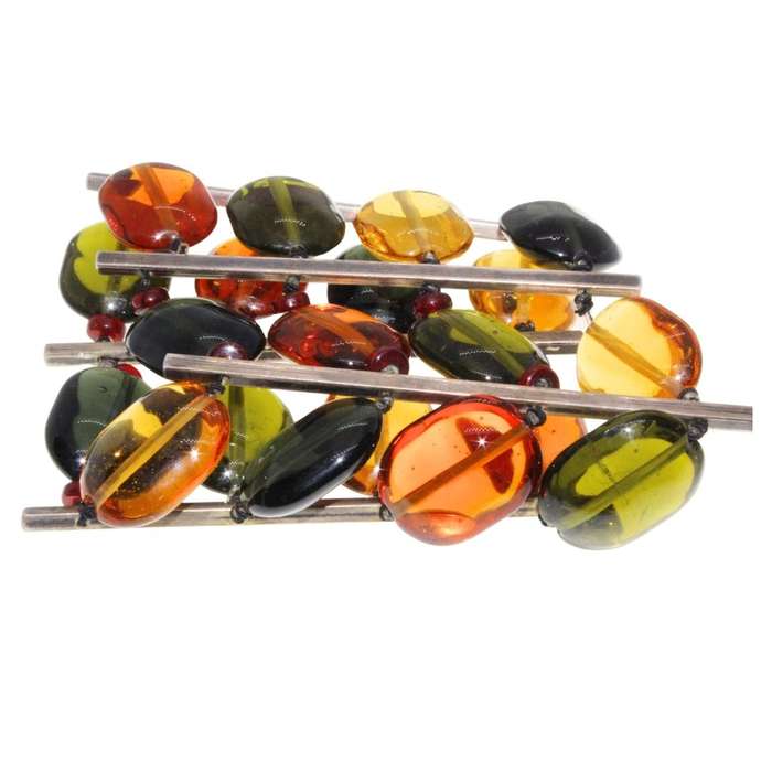 Bracelet - Gold Tone Large 4 Tiered Bracelet. Large Autumn Colour Beads with Gold Tone Bars - ML3276