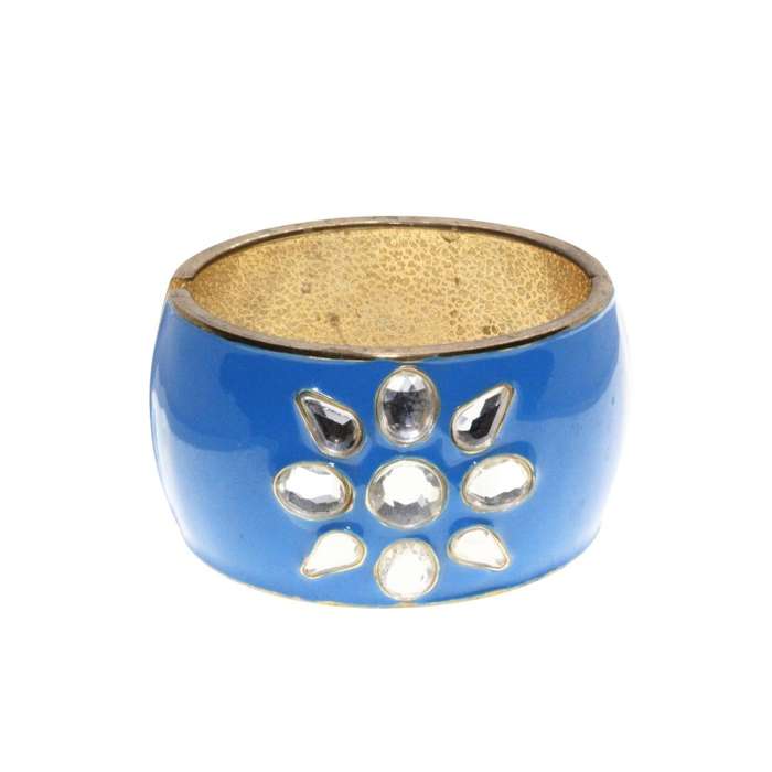 Bangle - Silver Tone Large Chunky Bangle. Blue Enamel & Flower Rhinestone Centre - ML3280