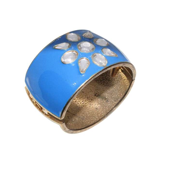 Bangle - Silver Tone Large Chunky Bangle. Blue Enamel & Flower Rhinestone Centre - ML3280