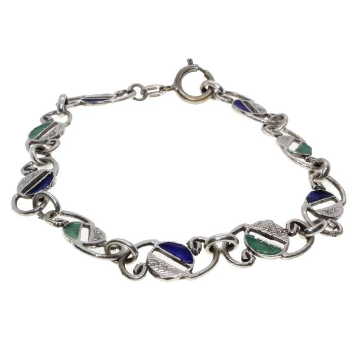 Bracelet - Silver Tone Link Bracelet with Blue & Green on Round Rings - ML3289