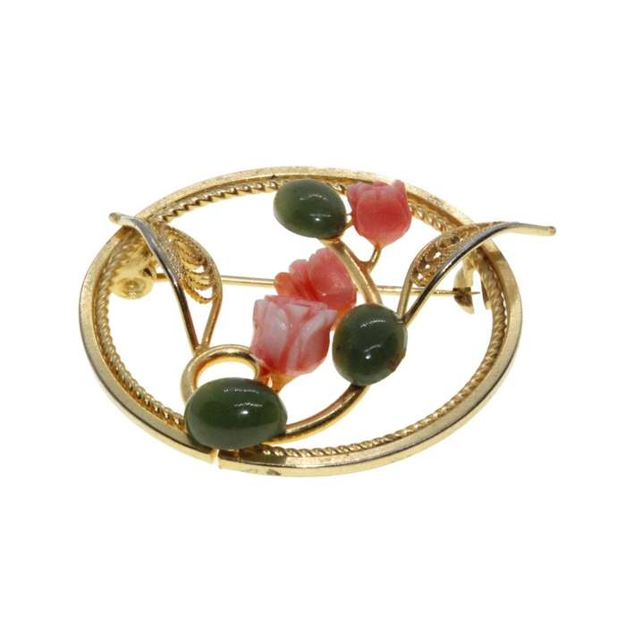 Brooch - Gold Tone Vintage Round Brooch. Coral Flowers & Jade Beads. Filigree - ML3293