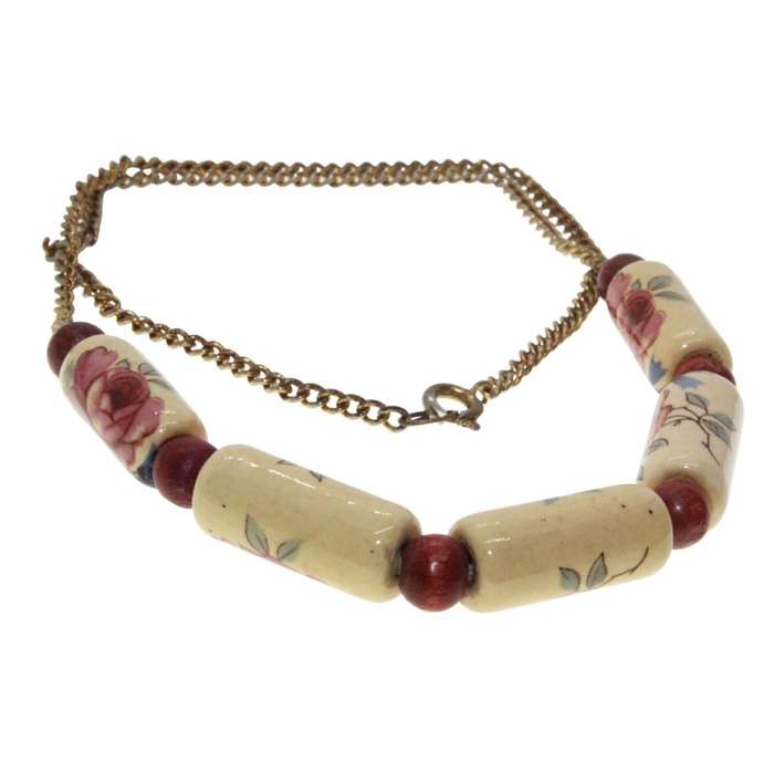 Necklace - Gold Tone Chain with Ceramic Tubular Floral Beads. Small Beads inbetween - ML3301