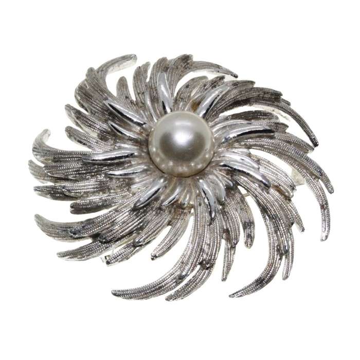 Brooch - Silver Tone Vintage Large Swirl Brooch with Faux Pearl in Centre - ML3305