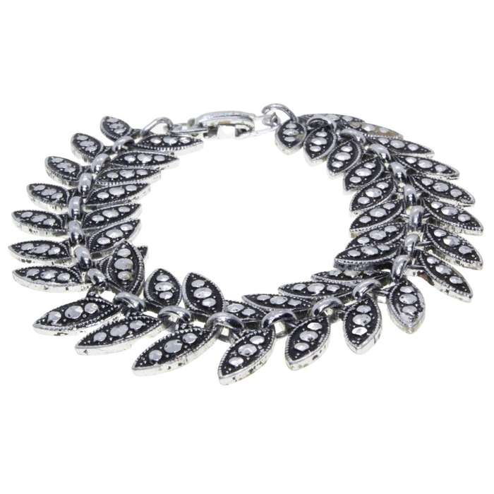 Bracelet - Silver Tone Vintage Leaf Shape Links. Marcasite Design. - ML3309