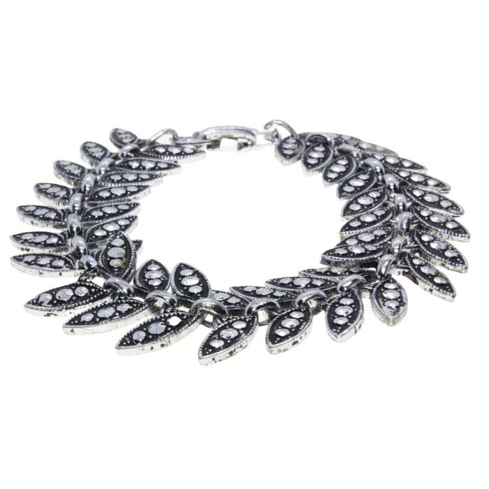 Bracelet - Silver Tone Vintage Leaf Shape Links. Marcasite Design. - ML3309