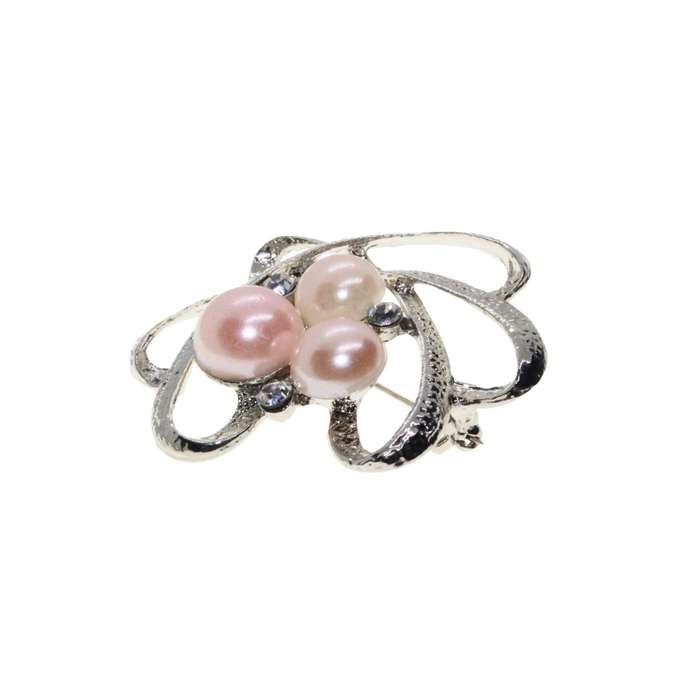 Brooch - Silver Tone Delicate Flower Shape Design. 3 Faux Pearls, 3 Diamantes - ML3342