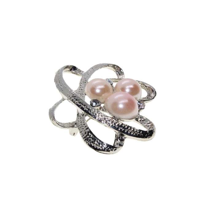 Brooch - Silver Tone Delicate Flower Shape Design. 3 Faux Pearls, 3 Diamantes - ML3342