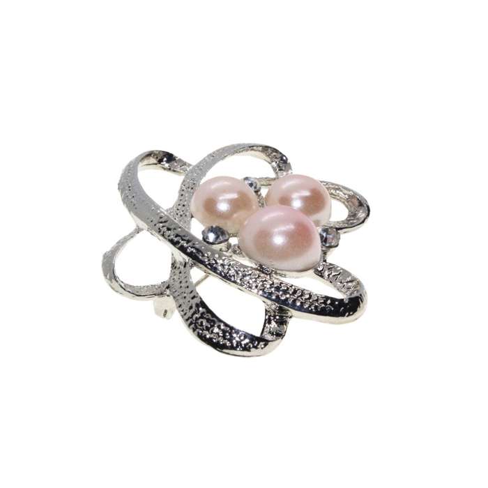 Brooch - Silver Tone Delicate Flower Shape Design. 3 Faux Pearls, 3 Diamantes - ML3342
