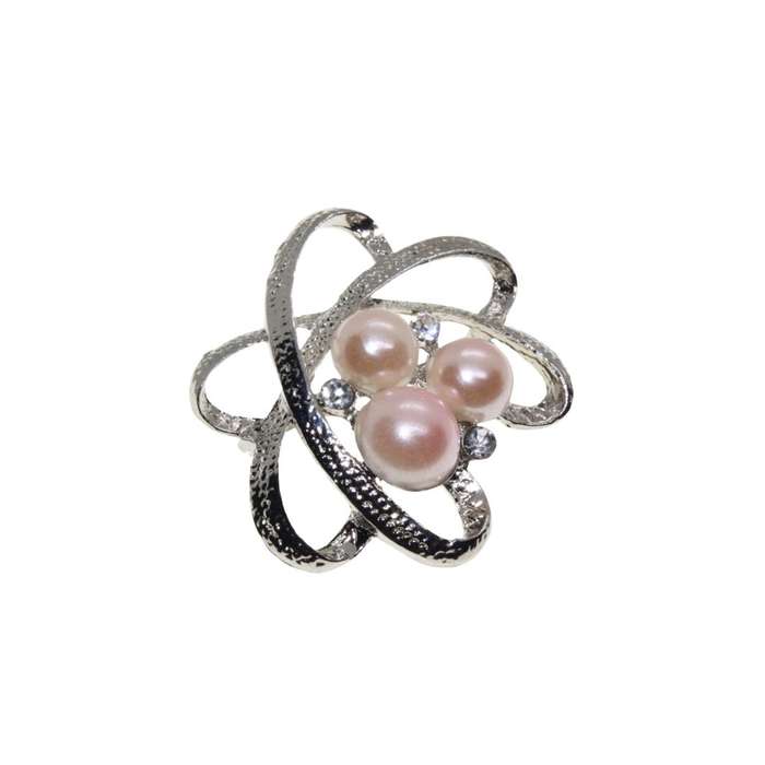 Brooch - Silver Tone Delicate Flower Shape Design. 3 Faux Pearls, 3 Diamantes - ML3342