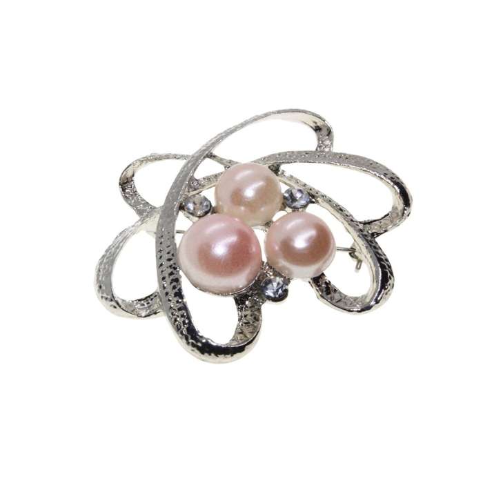 Brooch - Silver Tone Delicate Flower Shape Design. 3 Faux Pearls, 3 Diamantes - ML3342