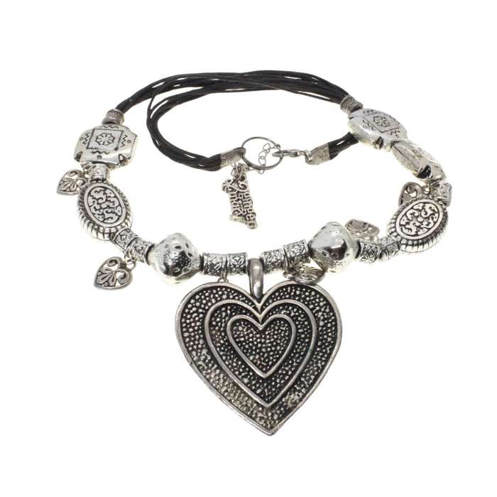 Necklace - Vintage Silver Tone. 7 Strand Black Thong. Silver Tone Beads. Large Heart Pendant - ML...