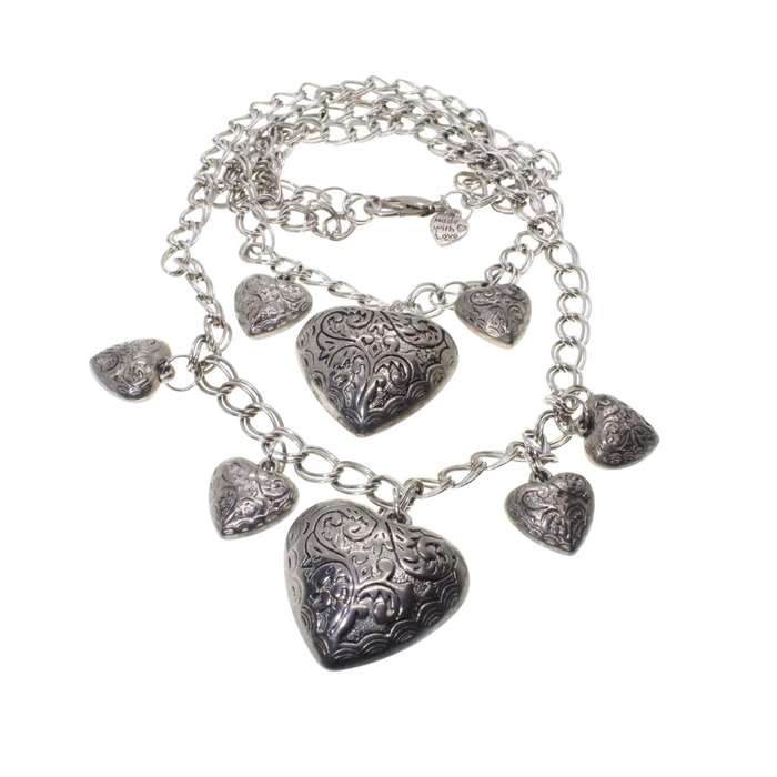 Necklace - Silver Tone Heart Necklace. Double Strand Chain. 6 x Small Hearts, 2 x Large Hearts - ...