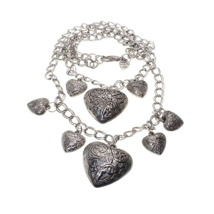 Necklace - Silver Tone Heart Necklace. Double Strand Chain. 6 x Small Hearts, 2 x Large Hearts - ...