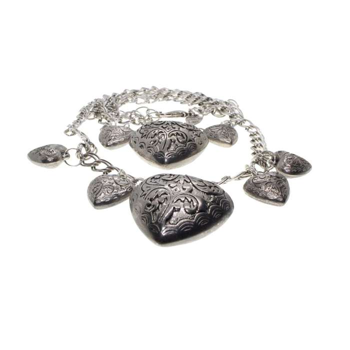 Necklace - Silver Tone Heart Necklace. Double Strand Chain. 6 x Small Hearts, 2 x Large Hearts - ...