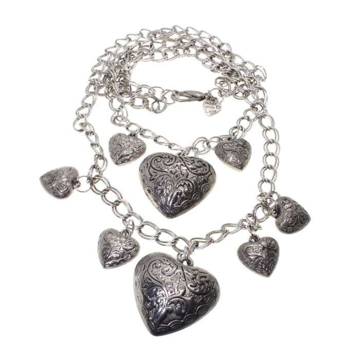 Necklace - Silver Tone Heart Necklace. Double Strand Chain. 6 x Small Hearts, 2 x Large Hearts - ...