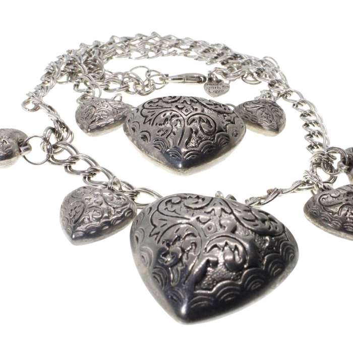 Necklace - Silver Tone Heart Necklace. Double Strand Chain. 6 x Small Hearts, 2 x Large Hearts - ...