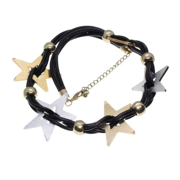 Necklace - Gold Tone & Silver Tone Statement Stars on Pleather Straps - ML3389