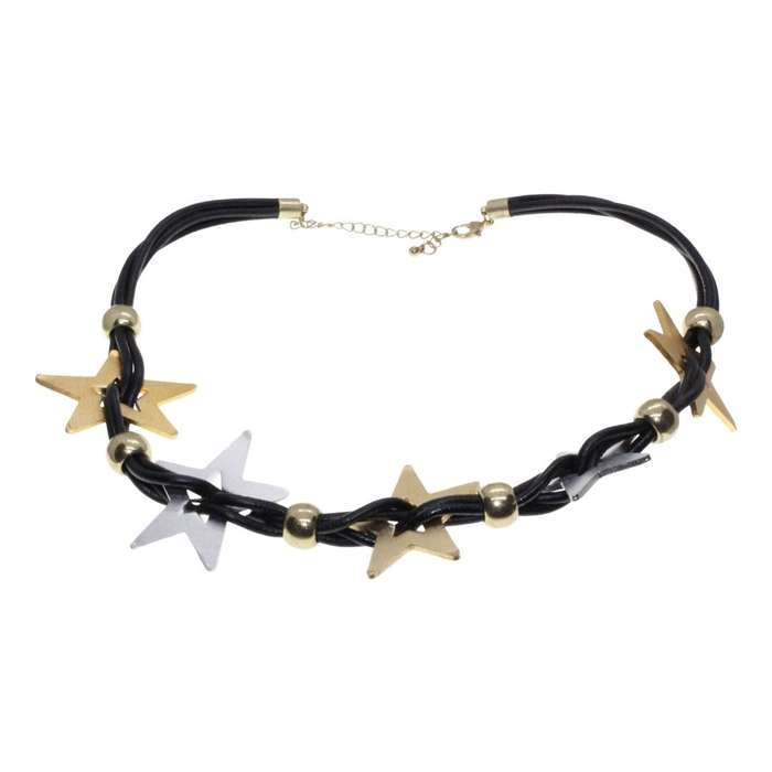 Necklace - Gold Tone & Silver Tone Statement Stars on Pleather Straps - ML3389