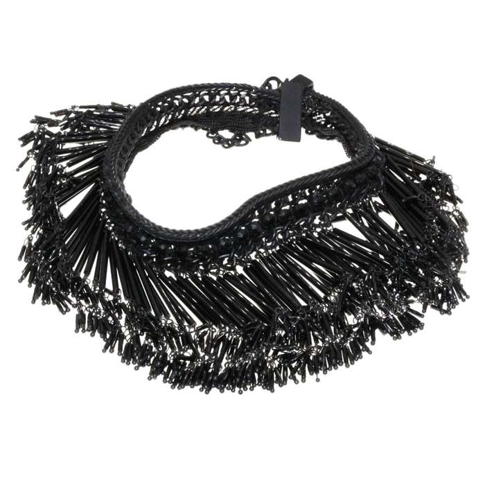 Necklace - Charcoal Tone Chunky Chained Strap. Multiple Beaded Strands with Beads - ML3390
