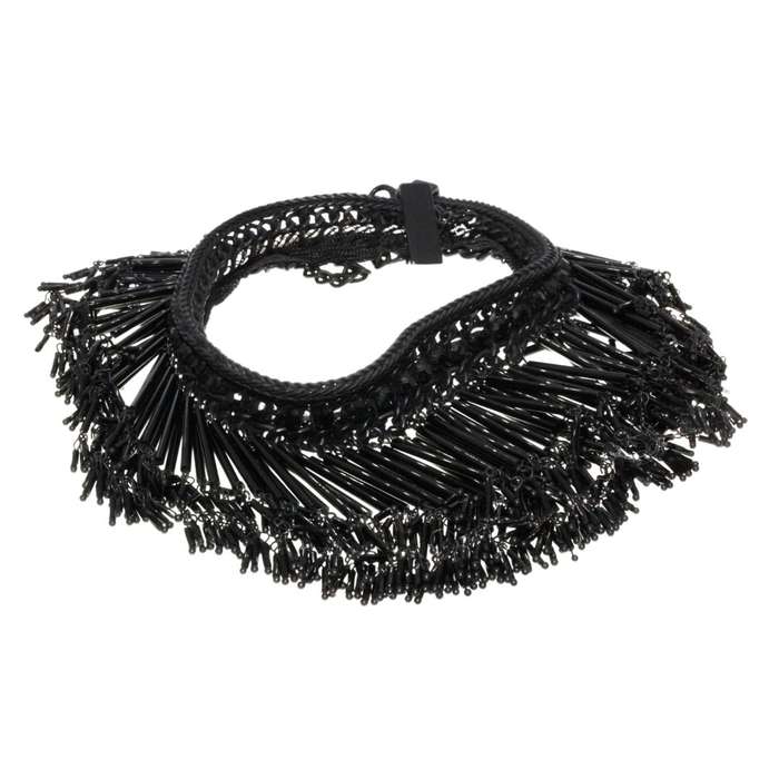 Necklace - Charcoal Tone Chunky Chained Strap. Multiple Beaded Strands with Beads - ML3390