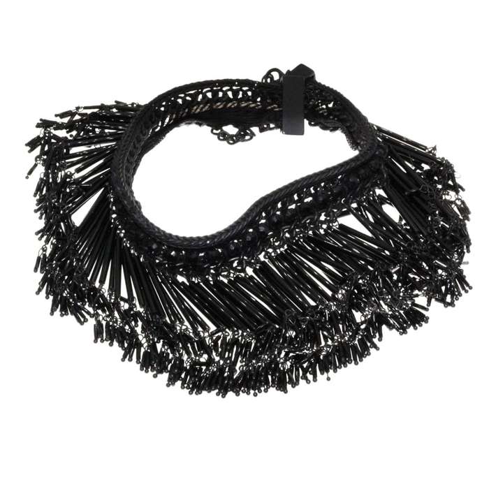 Necklace - Charcoal Tone Chunky Chained Strap. Multiple Beaded Strands with Beads - ML3390