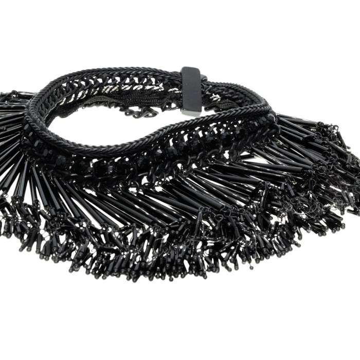 Necklace - Charcoal Tone Chunky Chained Strap. Multiple Beaded Strands with Beads - ML3390