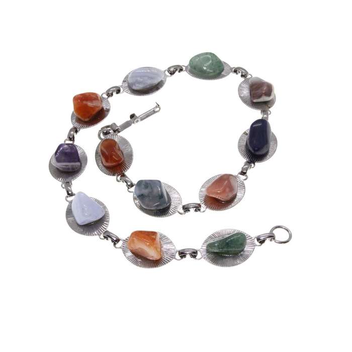 Necklace - Vintage 70's Silver Tone Necklace with Beautiful Multi-Coloured Stones - ML3402